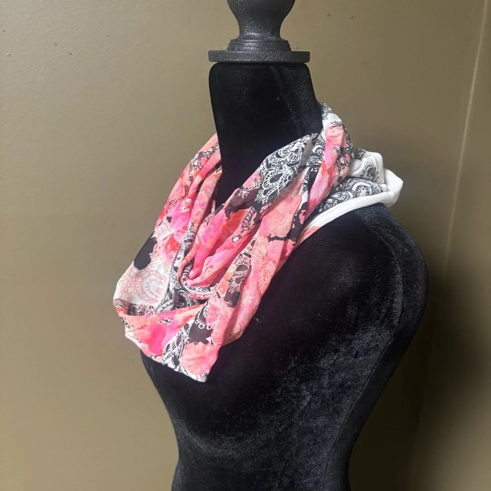 Handmade Floral Printed Silky Infinity Wrap Scaft in Pink, Black, White